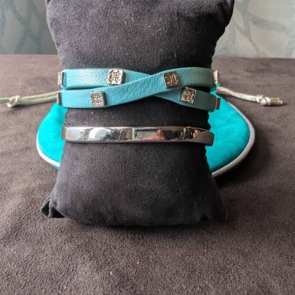 Rustic Cuff Turquoise Studded Leather Wrap and Silver Bangle Bracelet Set